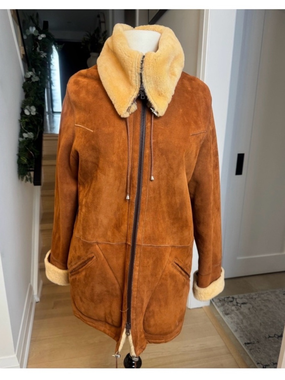 Classic Brown Shearling-Trim Women's Coat - Picture 2 of 13